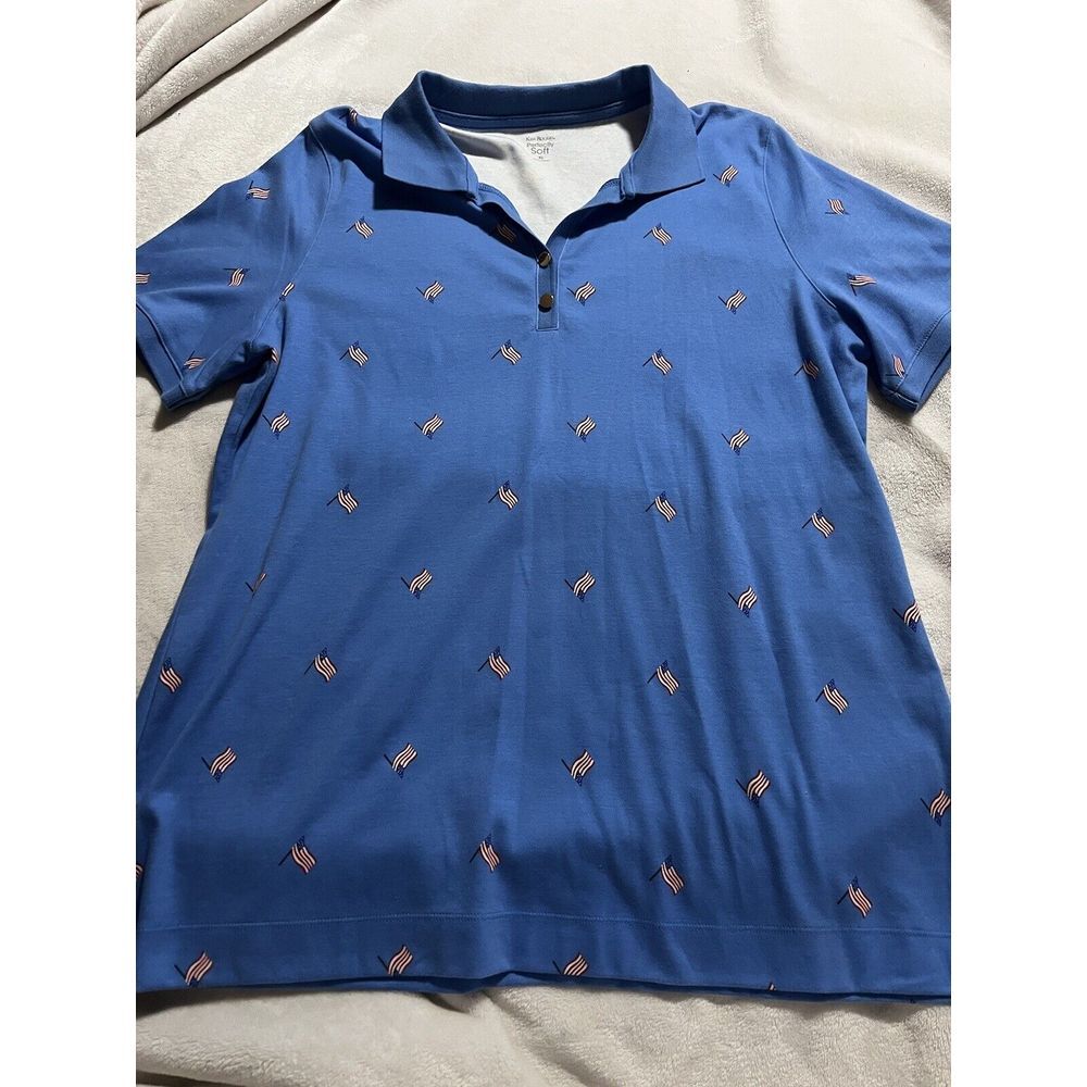 Kim Rogers Perfectly Soft,  Blue Polo Shirt Size XL American Flag Print July 4th